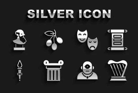 Set Ancient column, Decree, parchment, scroll, Harp, Cyclops, Torch flame Illustrazione stock