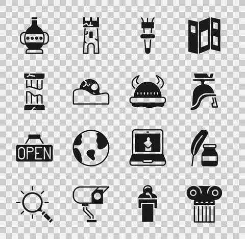 Set Ancient column, Feather and inkwell, Roman army helmet, Torch flame, Human Ilustración de archivo