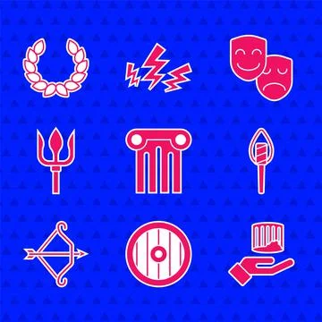 Set Ancient column, Greek shield, Torch flame, Medieval bow with arrow, Neptune Illustrazione stock
