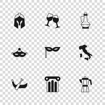 Set Ancient column, Map of Italy, Coffee maker moca pot, Carnival mask, Bot.. Stock Illustration