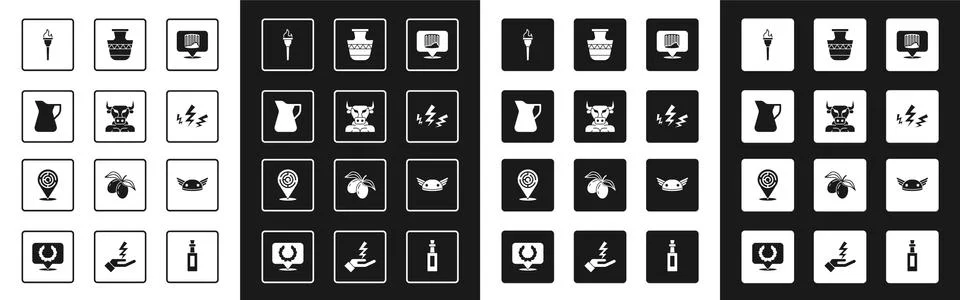 Set Ancient column, Minotaur, Bottle of olive oil, Torch flame, Zeus, amphorae Stock Illustration