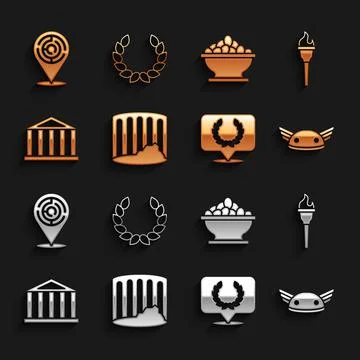 Set Ancient column, Torch flame, Helmet with wings, Laurel wreath, Parthenon Ilustración de archivo
