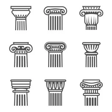 Set of ancient columns icon in black and white colors. Stock Illustration