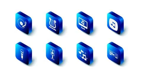 Set Ancient Greek lyre, Computer with music note, Music note, tone, Sound mixer Stock Illustration