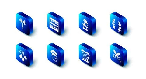 Set Ancient Greek pattern, bust sculpture, Laurel wreath, Crossed medieval sword Illustrazione stock