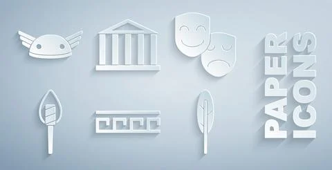 Set Ancient Greek pattern, Comedy and tragedy masks, Torch flame, Feather pen Stock Illustration