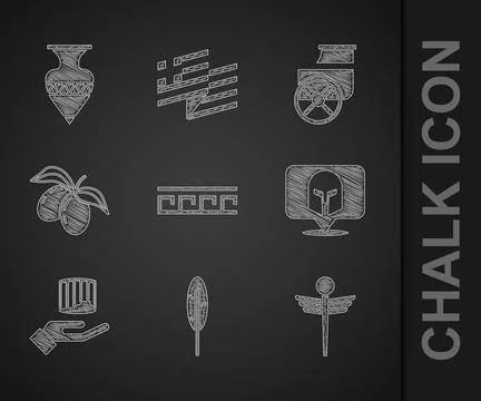 Set Ancient Greek pattern, Feather pen, Caduceus snake medical, helmet, col.. Stock Illustration