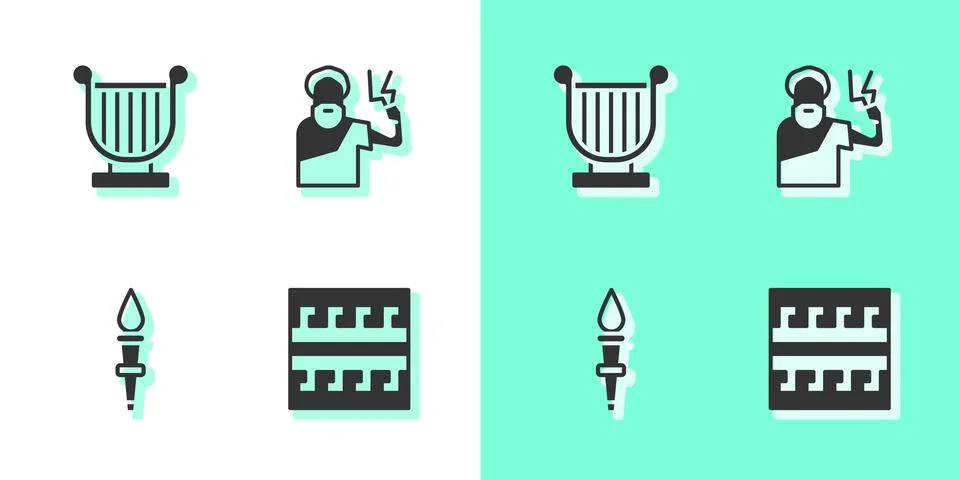Set Ancient Greek pattern, lyre, Torch flame and Zeus icon. Vector Stock Illustration