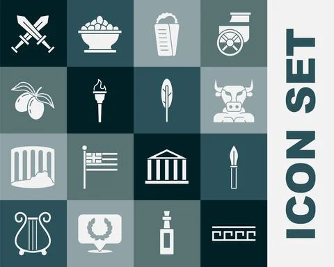 Set Ancient Greek pattern, Medieval spear, Minotaur, Gyros Pita, Torch flame イラスト素材