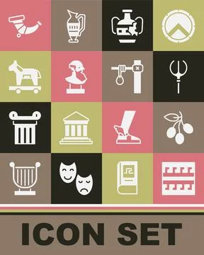 Set Ancient Greek pattern, Olives branch, Neptune Trident, Broken amphorae, bust Stock Illustration