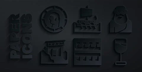 Set Ancient Greek pattern, Socrates, ruins, Wine glass, trireme and coin icon Illustrazione stock
