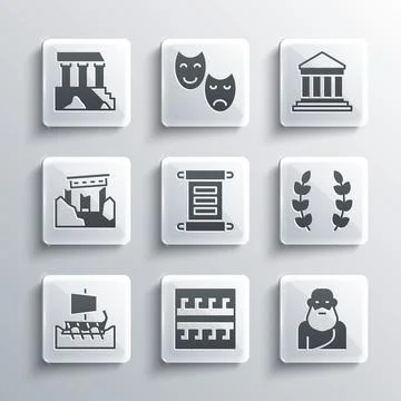Set Ancient Greek pattern, Socrates, Laurel wreath, Decree, parchment, scroll Stock Illustration