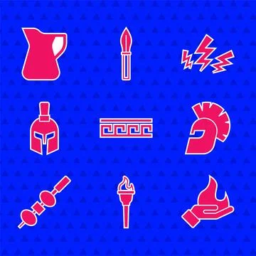 Set Ancient Greek pattern, Torch flame, Hand holding fire, helmet, Olive ch.. イラスト素材