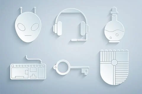 Set Ancient key for game, Bottle with magic elixir, Computer keyboard, Shield Stock Illustration