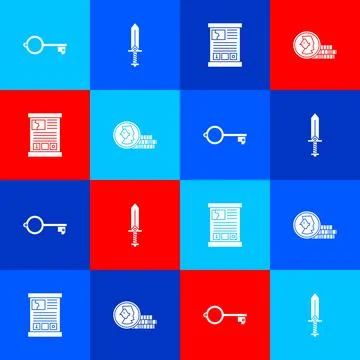 Set Ancient key for game, Sword, Game guide and Coin icon. Vector Stock Illustration