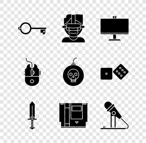 Set Ancient key for game, Virtual reality glasses, Computer monitor, Sword Illustrazione stock