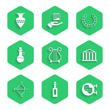 Set Ancient lyre, Bottle of olive oil, Comedy and tragedy masks, Parthenon Stock Illustration