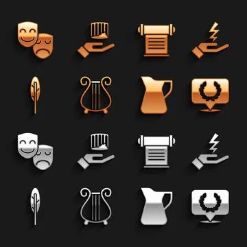 Set Ancient lyre, Zeus, Laurel wreath, Bottle of olive oil, Feather pen, De.. Stock Illustration