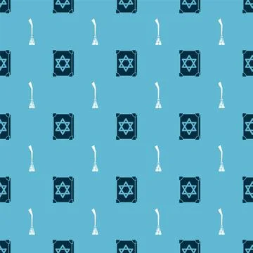 Set Ancient magic book and Witches broom on seamless pattern. Vector Stock Illustration