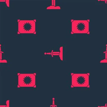 Set Ancient magic book and Sword in the stone on seamless pattern. Vector Stock Illustration