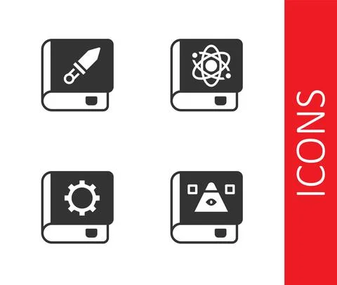 Set Ancient magic book, Book about weapon, User manual and physics icon. Vector Stock Illustration