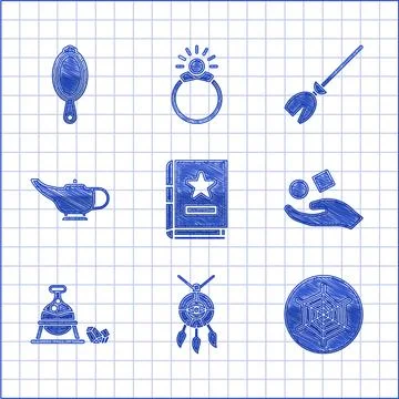 Set Ancient magic book, Dream catcher with feathers, Spider web, Cube levitating Illustrazione stock