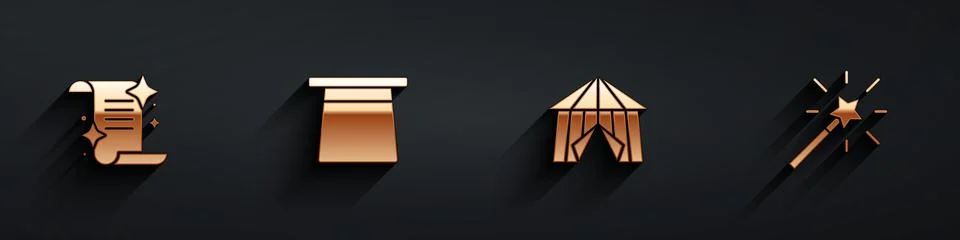 Set Ancient magic book, Magic hat, Circus tent and wand icon with long shadow Illustrazione stock