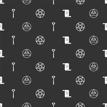 Set Ancient magic book, Masons, Magic wand and Pentagram in circle on seamless Stock Illustration