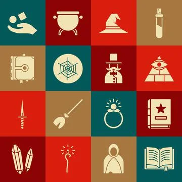 Set Ancient magic book, Masons, Witch hat, Spider web, Cube levitating above Illustrazione stock