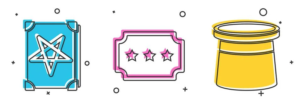 Set Ancient magic book, Ticket and Magician hat icon. Vector Ilustração Stock
