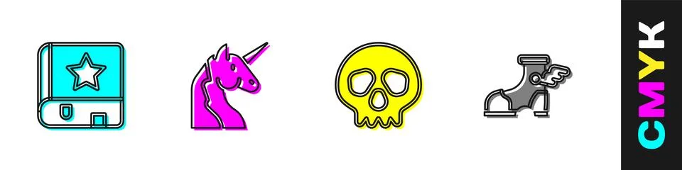 Set Ancient magic book, Unicorn, Skull and Hermes sandal icon. Vector Stock Illustration