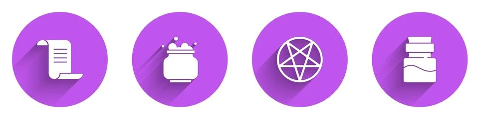 Set Ancient magic book, Witch cauldron, Pentagram in circle and Bottle with Stock Illustration