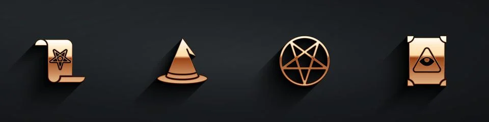 Set Ancient magic book, Witch hat, Pentagram in circle and icon with long shadow 스톡 일러스트