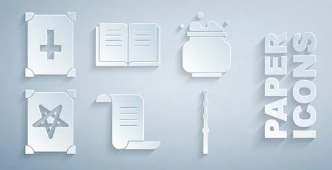 Set Ancient magic book, Witch cauldron, Magic wand, and icon. Vector Ilustração Stock