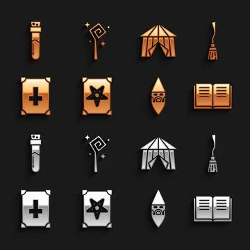 Set Ancient magic book, Witches broom, Wizard warlock, Circus tent, Bottle with Illustrazione stock