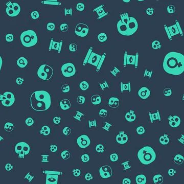 Set Ancient magic scroll, Skull, Yin Yang and Venus on seamless pattern. Vector Illustrazione stock