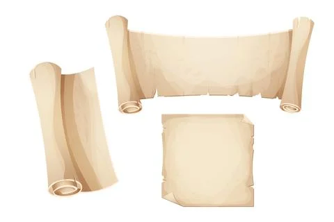 Set ancient old parchment paper, scroll, page empty medieval letter in cartoon Stock Illustration