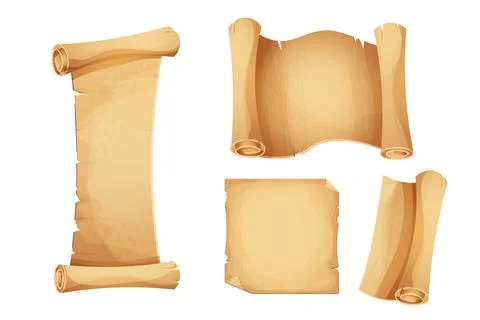 Set ancient old parchment paper, scroll, page empty medieval letter in cartoon Stock Illustration