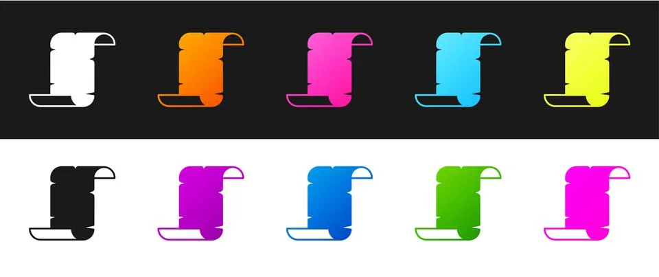Set Ancient papyrus scroll icon isolated on black and white background Stock Illustration
