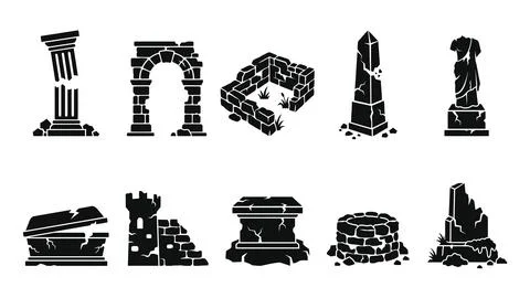 Set of ancient ruin stone architecture icons in black vector style Ilustración de archivo