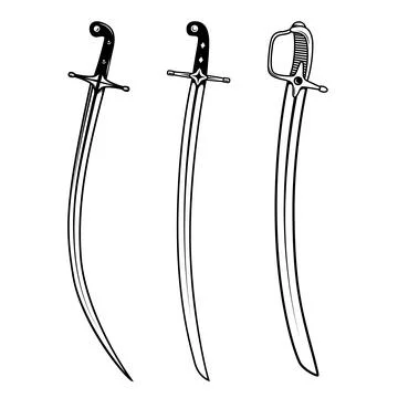 Set of ancient sabers. Design element for emblem, sign, badge. Vector illus.. Stock Illustration
