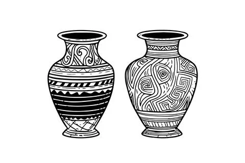 Set of ancient vase hand drawn ink sketch. Engraved style vector illustration. Stock Illustration