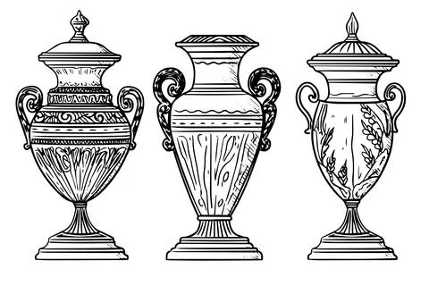 Set of ancient vase hand drawn ink sketch. Engraved style vector illustration. Stock Illustration