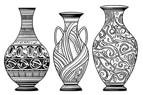Set of ancient vase hand drawn ink sketch. Engraved style vector illustration. Stock Illustration