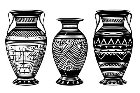Set of ancient vase hand drawn ink sketch. Engraved style vector illustration. Stock Illustration