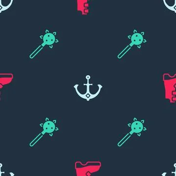 Set Ancient viking boots, Anchor and Mace with spikes on seamless pattern. .. Stock Illustration