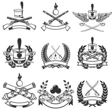 Set of  Ancient weapon emblems. Muskets, sabers, cannons. Design Stock Illustration