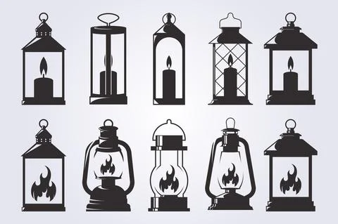 Set and bundle and various silhouette lantern or hanging lamp or candle illus Stock Illustration