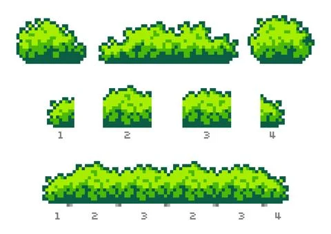 Set and constructor of pixel art sprites of bushes. Stock Illustration