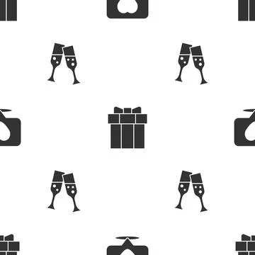 Set Like and heart, Gift box and Glass of champagne on seamless pattern. Vector Illustrazione stock